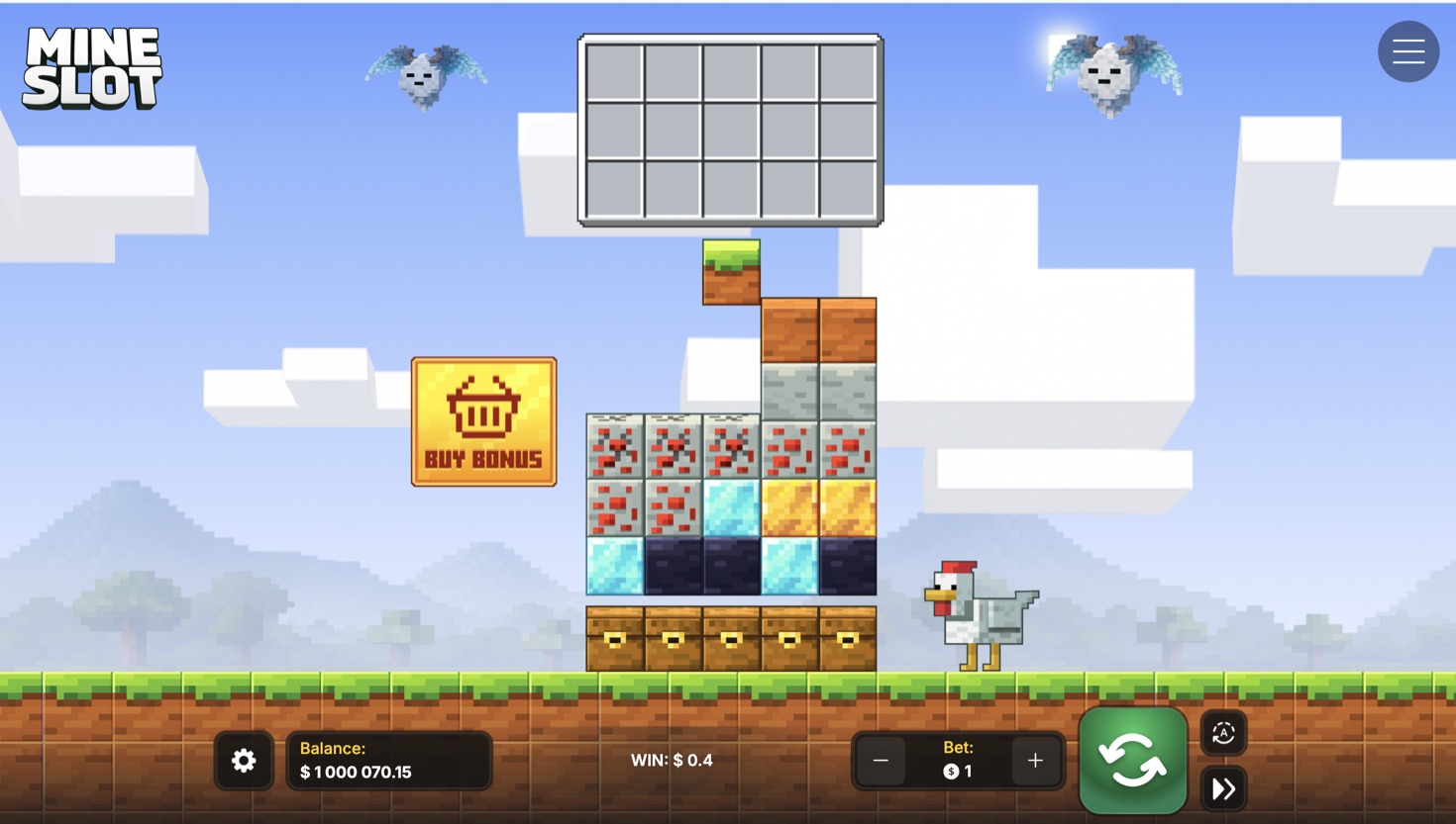 Spielfeld von Mine Slot im Demo-Modus: oben das Inventar-Raster, darunter Schichten aus Erz- und Goldblöcken, unten eine Reihe Truhen, dazu die Leiste mit Einsatz und virtuellem Guthaben