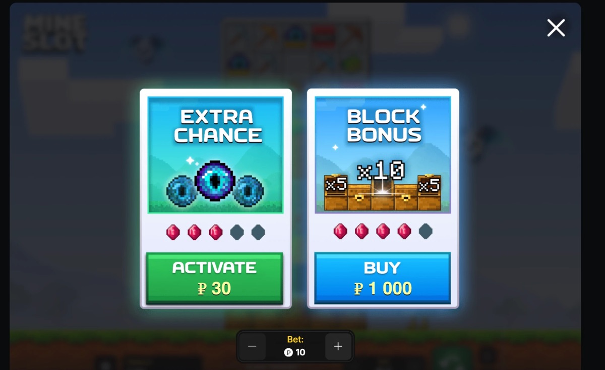 Kauf-Bildschirm von Mine Slot: Extra Chance und Block Bonus als Vielfache des Einsatzes