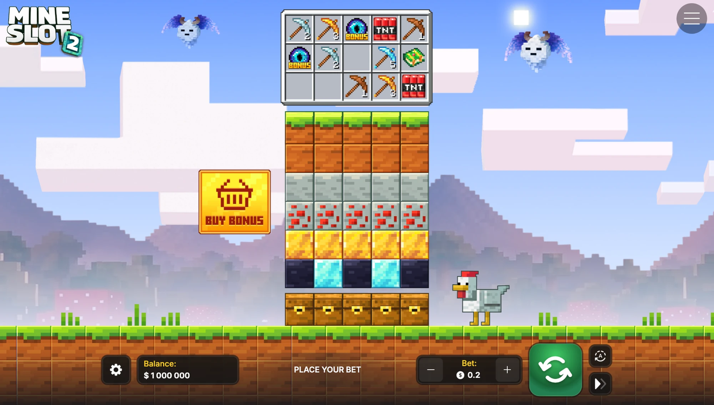 Spielfeld von Mine Slot 2 von InOut Games: 5×3-Walzen mit Spitzhacken und eine 5×7-Mine mit Blöcken, Truhen und Multiplikatoren