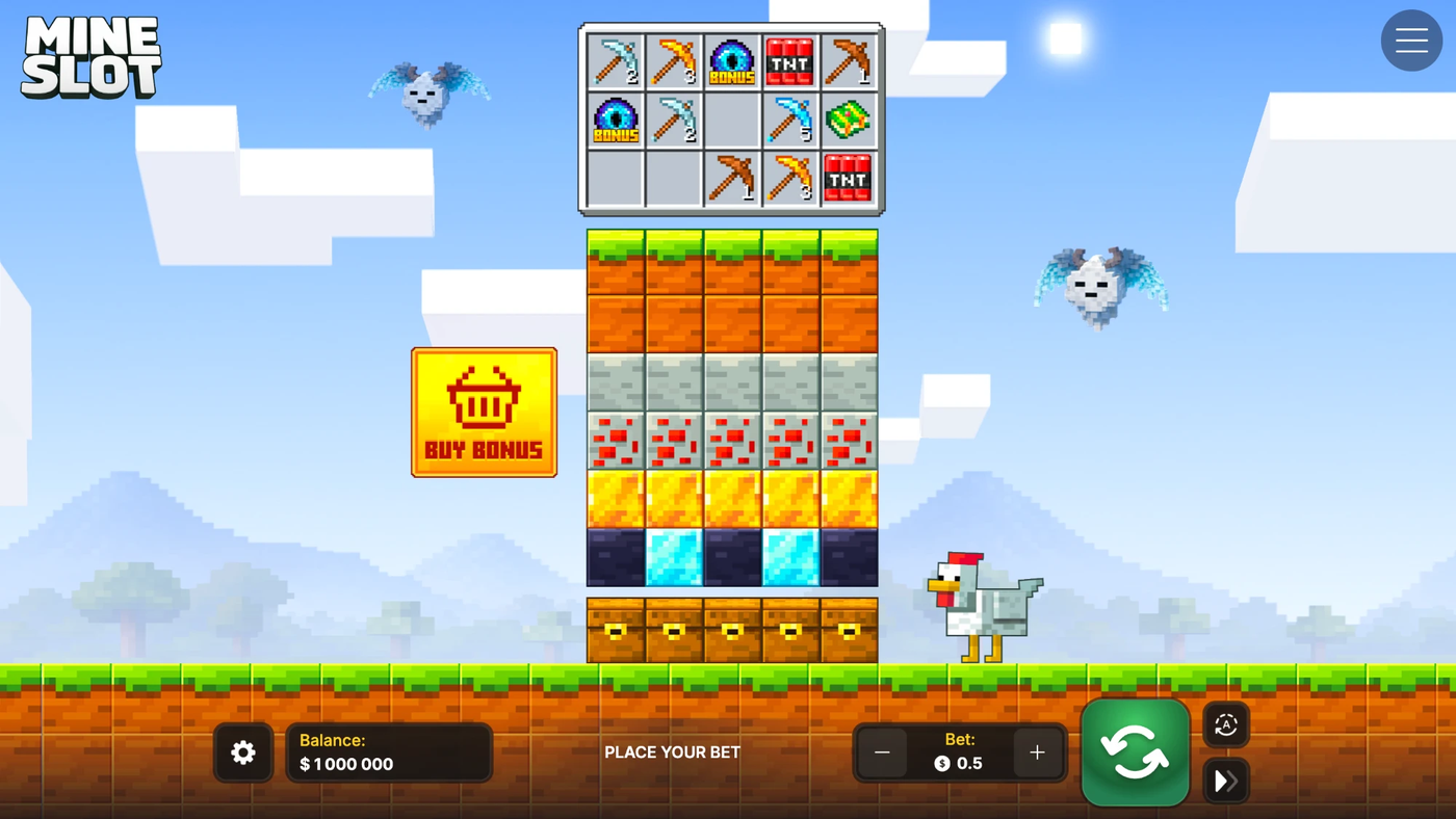 Spielfeld des Slots Mine Slot von InOut Games: Blöcke mit Spitzhacken, Truhen und Multiplikatoren